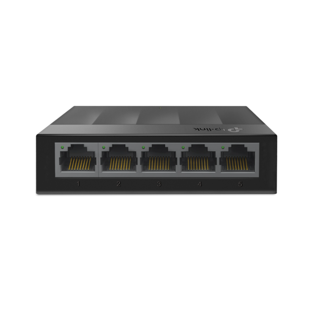 Network switch with five Ethernet ports on a white background